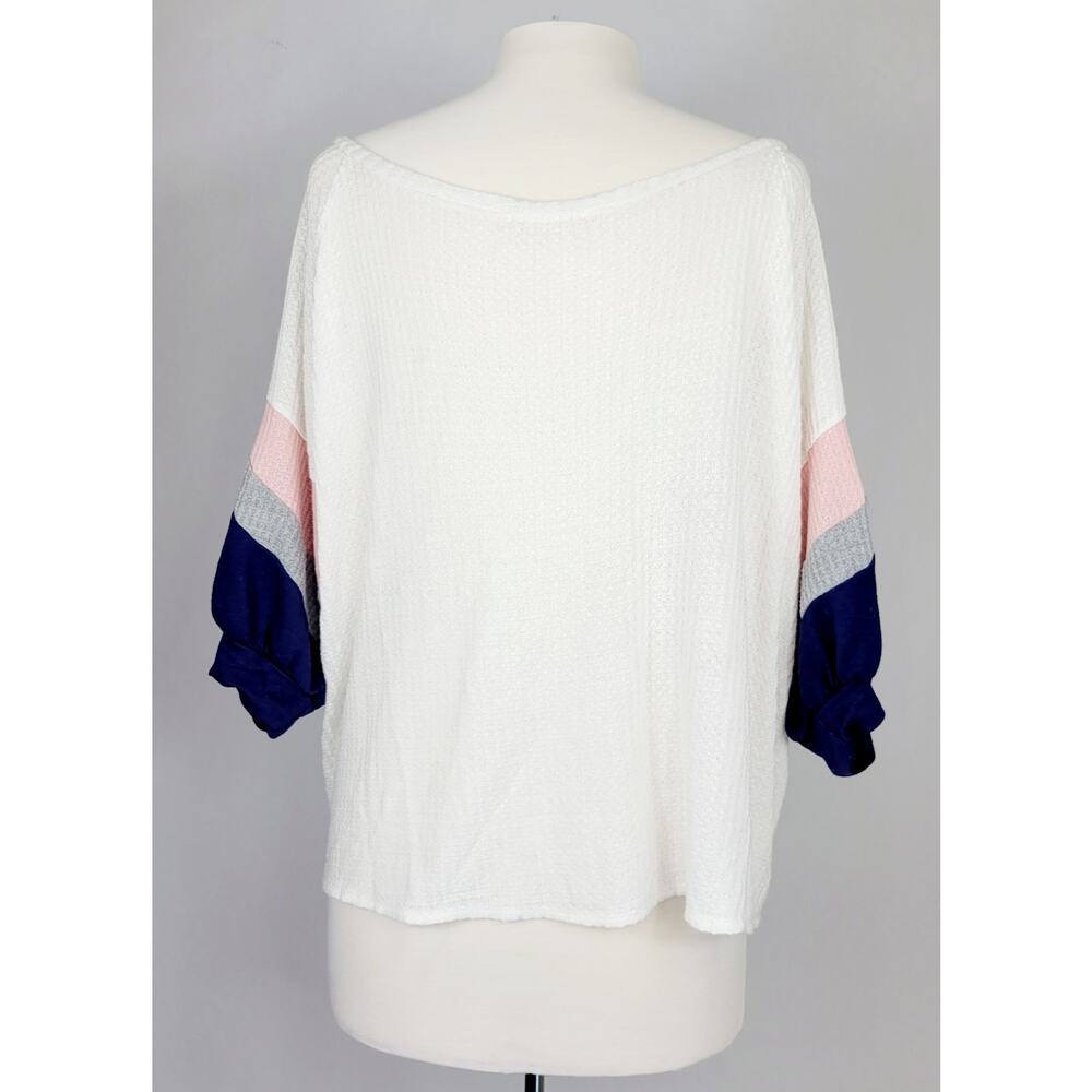 Adora White Waffle Knit Colorblock Balloon Sleeve High Low Top‎ Womens Size XL